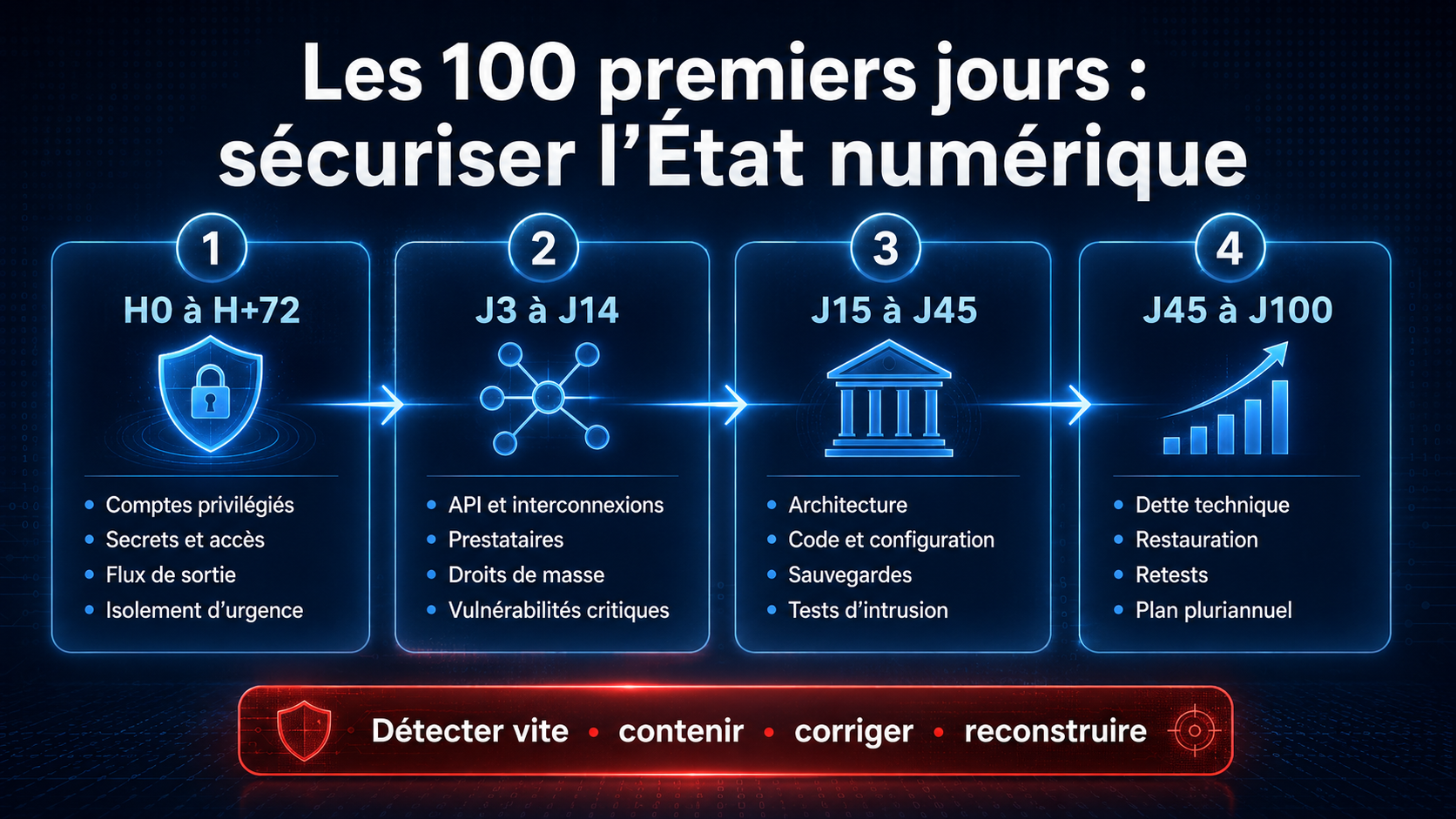 Frise des quatre phases de l’audit cyber : 72 heures, 14 jours, 45 jours et 100 jours