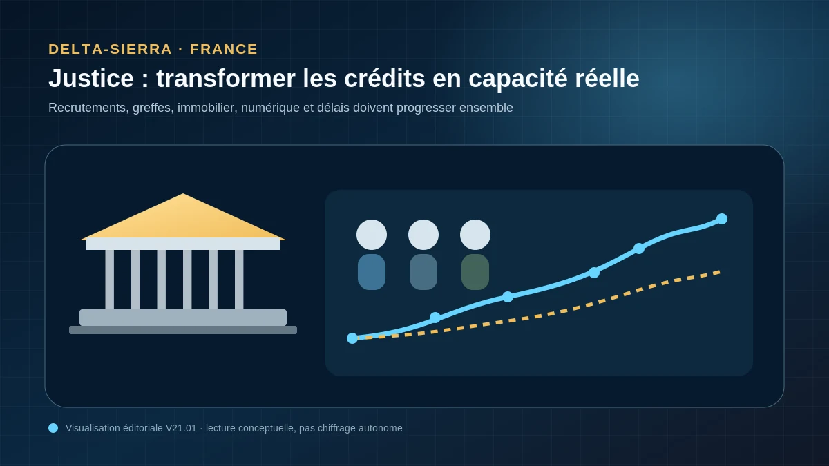 Justice : transformer une trajectoire de crédits en capacité réelle par recrutements, greffes, immobilier, numérique et réduction des délais.