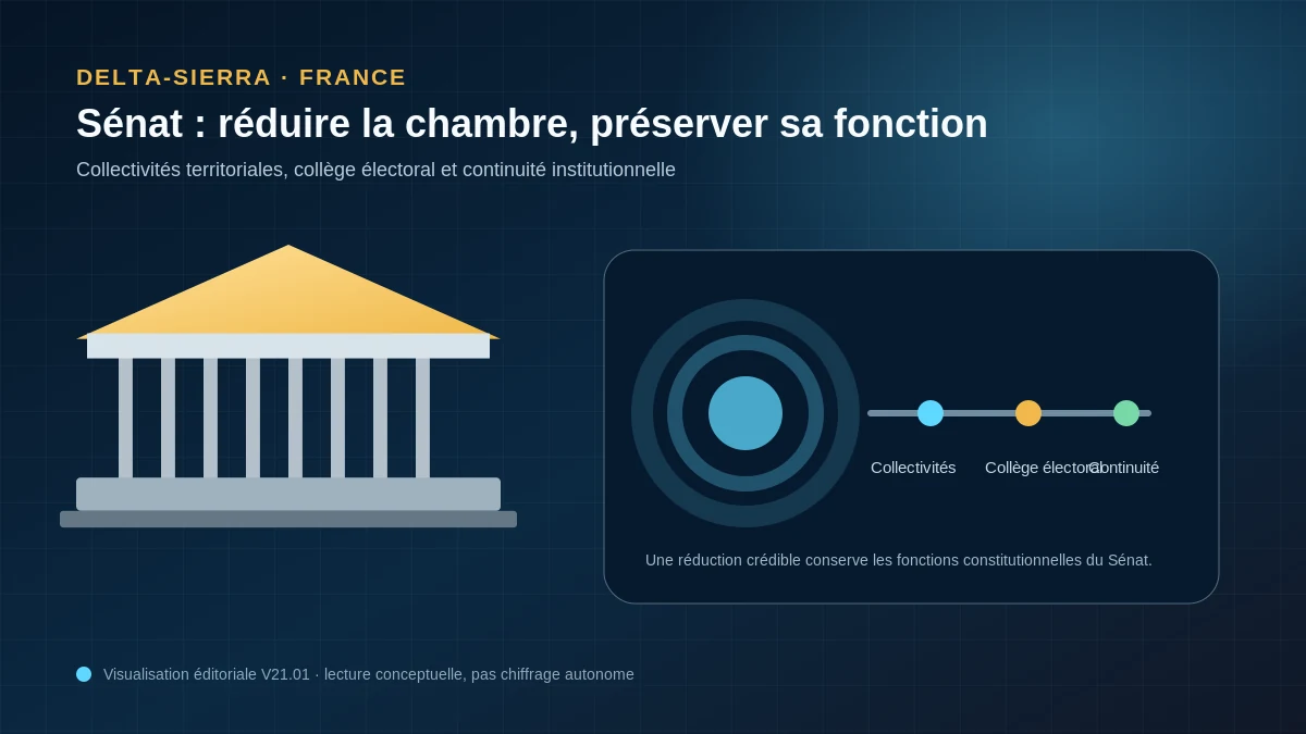 Sénat : réduction de la chambre en préservant représentation des collectivités, collège électoral et continuité institutionnelle.