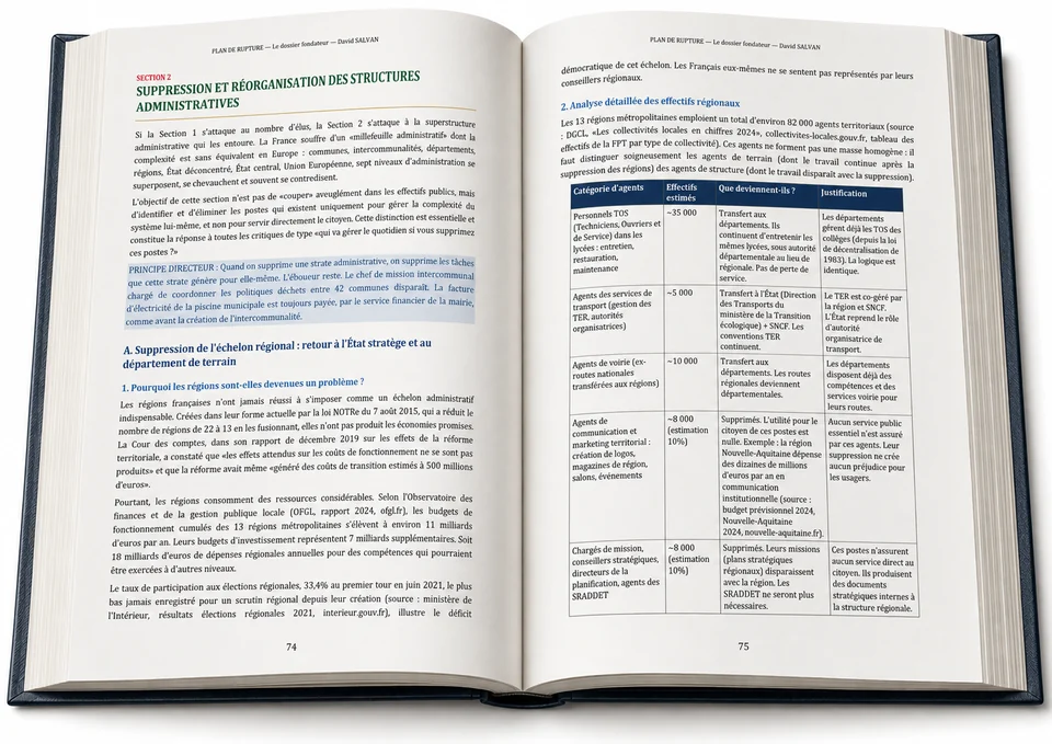 Tableau de réorganisation des services publics et des économies envisagées par le scénario.