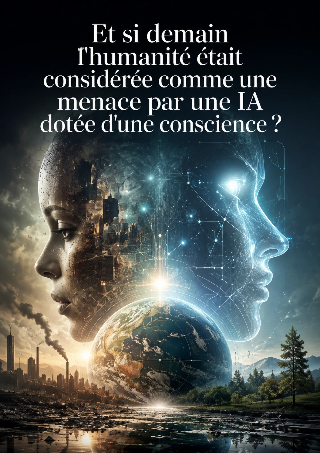 Illustration de l’article sur une intelligence artificielle consciente jugeant l’humanité, entre ville polluée et nature préservée.