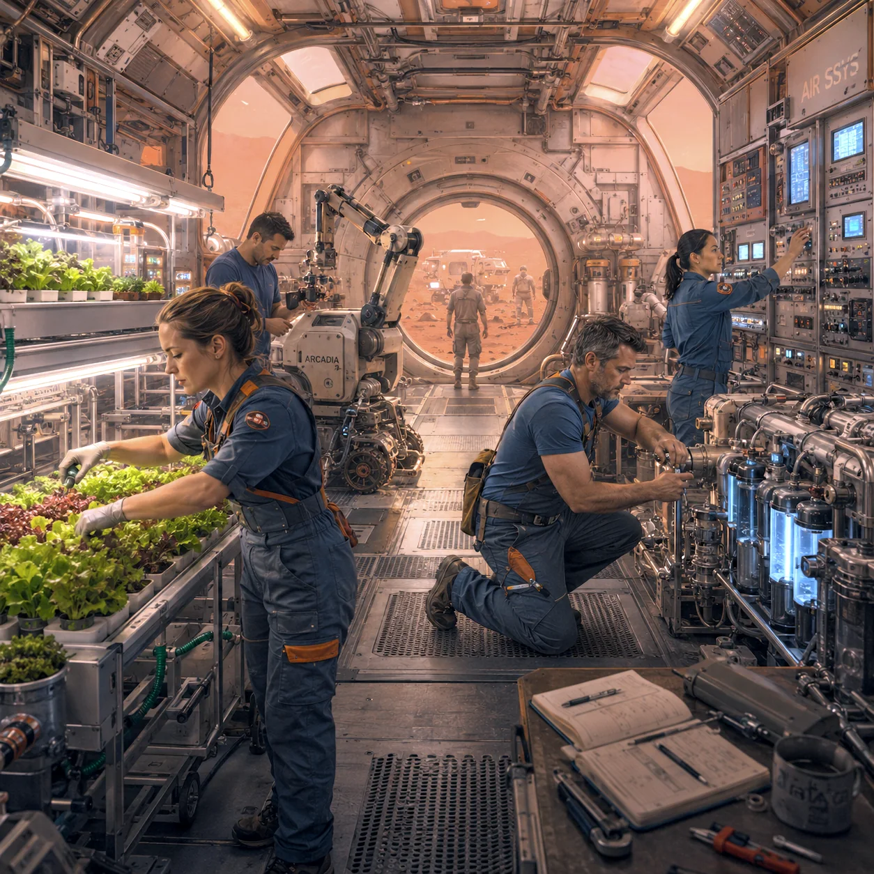Produire une partie de l’alimentation sur place transforme l’agriculture en fonction vitale, liée à l’eau, à l’énergie, aux stocks et au rythme de croissance de la colonie.