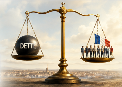 Balance symbolisant le poids de la dette publique face aux citoyens français