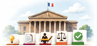 Illustration institutionnelle représentant la loi, la décision publique et la mise en œuvre