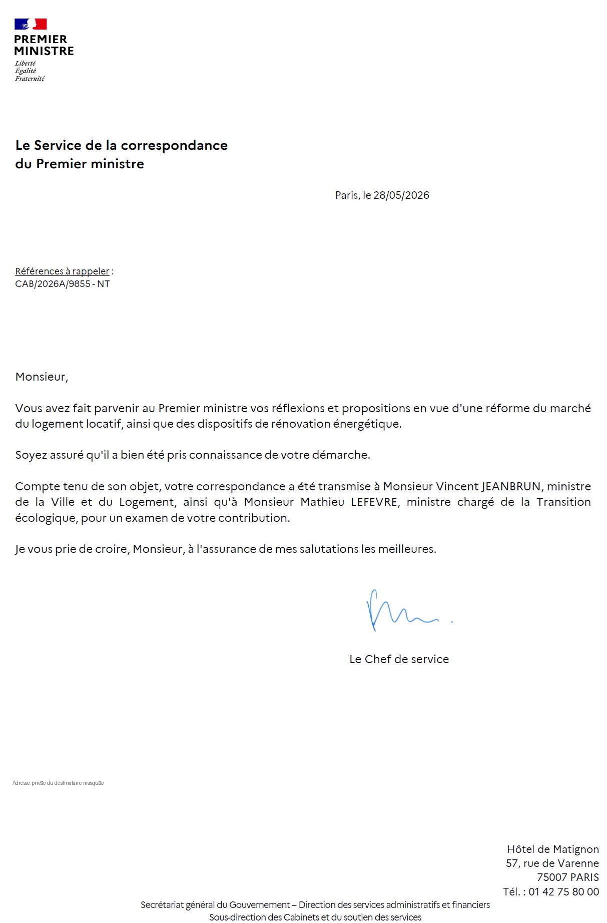 Capture de la réponse : Service de la correspondance du Premier ministre — 28 mai 2026