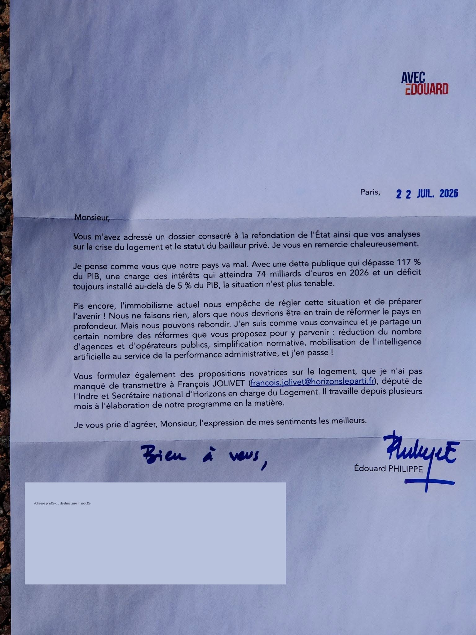 Capture de la réponse : Édouard Philippe — 22 juillet 2026