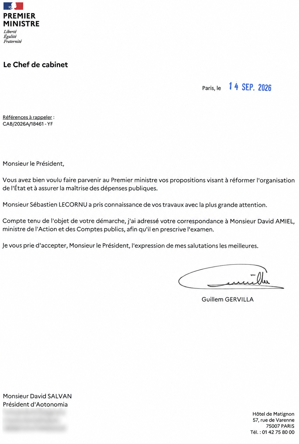 Courrier du chef de cabinet du Premier ministre — 14 septembre 2026