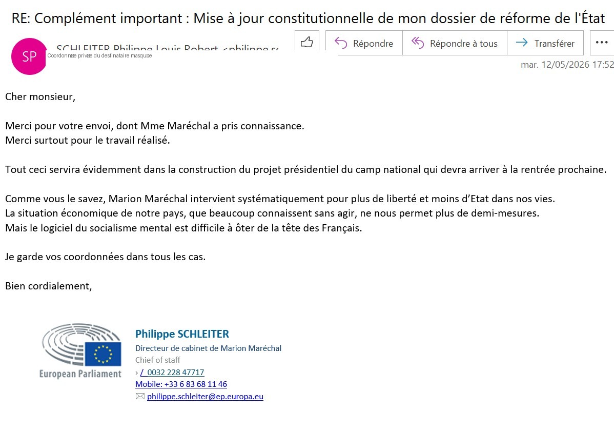 Capture de la réponse : Cabinet de Marion Maréchal — 12 mai 2026