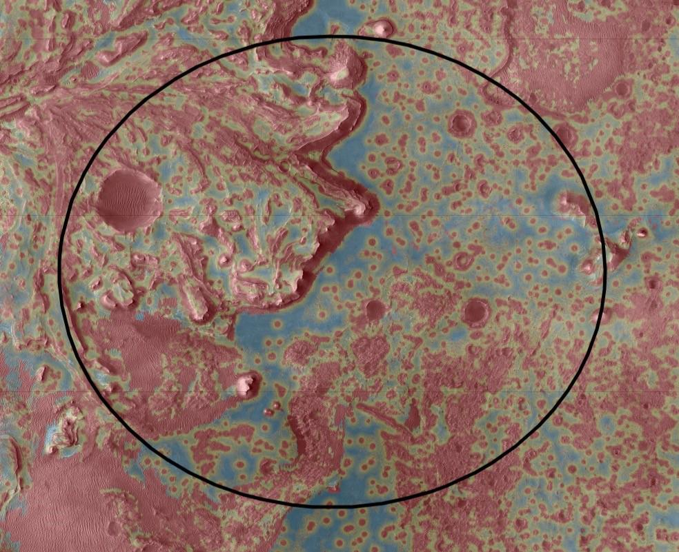 Carte de dangers de Jezero utilisée pour préparer la navigation relative au terrain de Mars 2020. Les couleurs séparent les zones plus dangereuses des zones préférables.