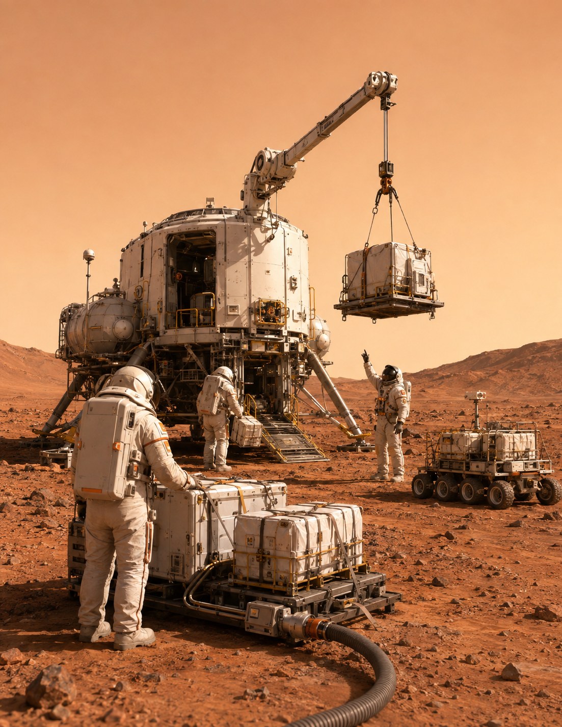 Déchargement de fret autour d’un véhicule posé sur Mars avec grue et petits véhicules logistiques.