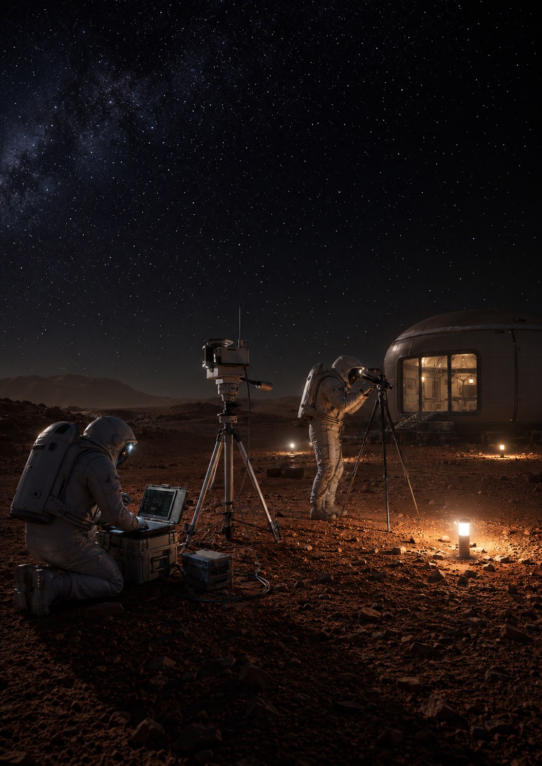 Opérations optiques de nuit sur Mars avec instruments de visée et station de calcul portable.