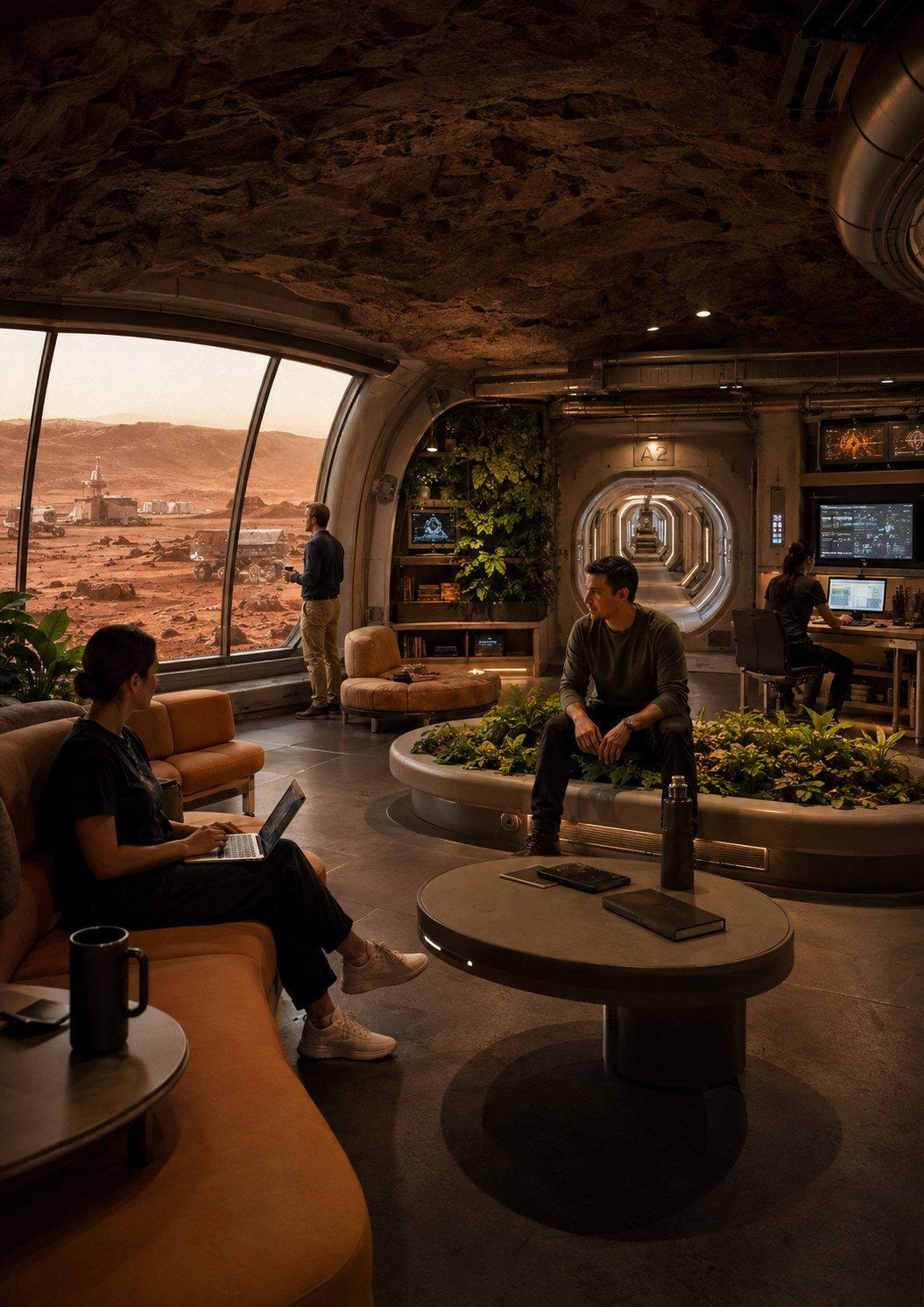 Espace collectif habité d’une colonie martienne, conçu pour la vie quotidienne hors des zones techniques.