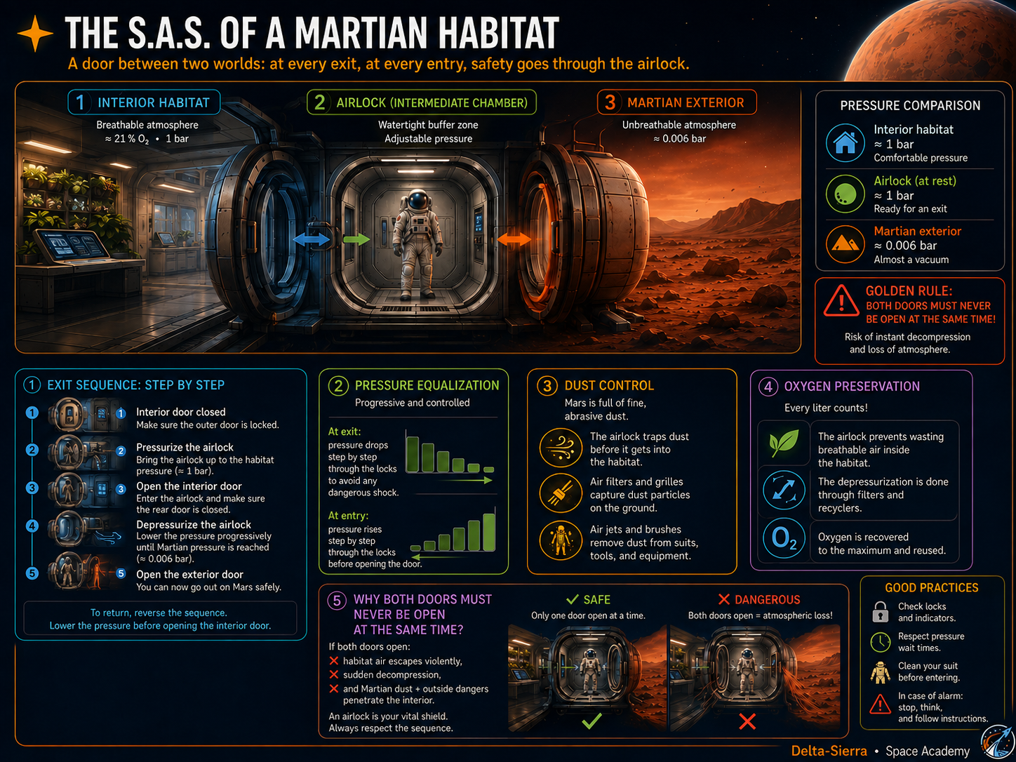 Technical illustration 002 for Mars EVA: airlocks, suitports, planning, return and rescue