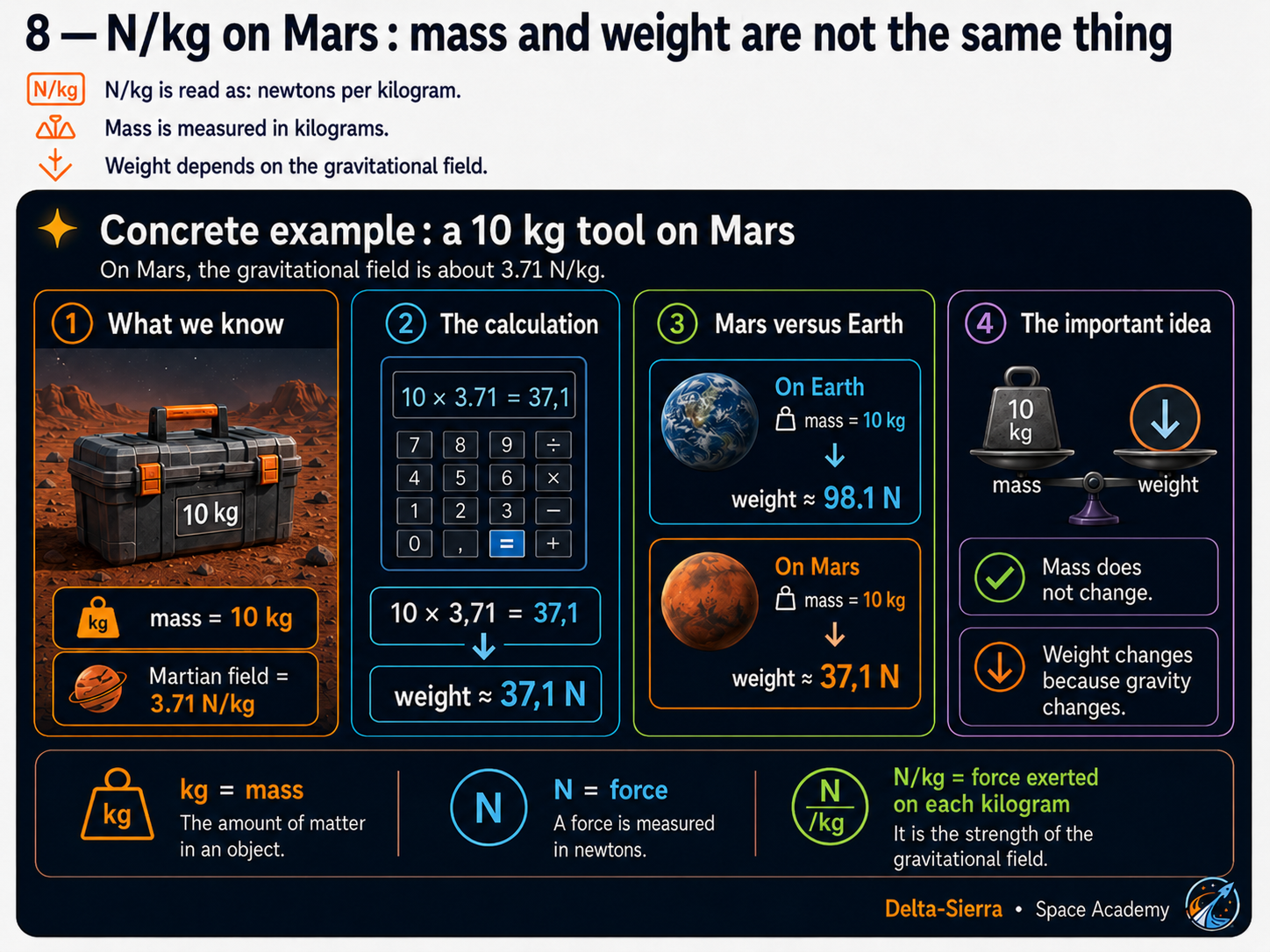 Technical illustration 016 for AM-02.03 — Mass, weight, and gravity: why 80 kg does not become 13 kg on the Moon