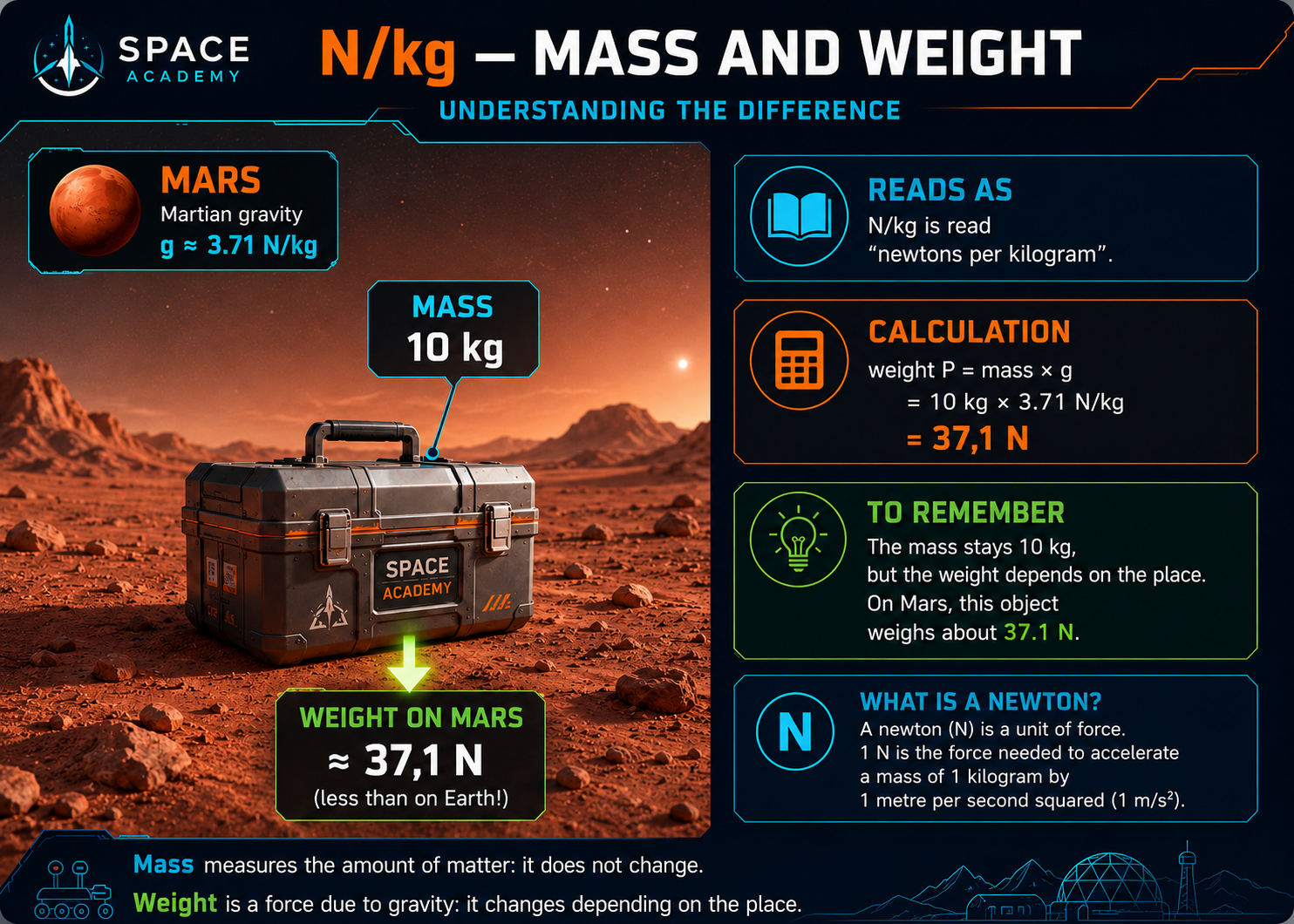 Technical illustration 030 for AM-02.03 — Mass, weight, and gravity: why 80 kg does not become 13 kg on the Moon
