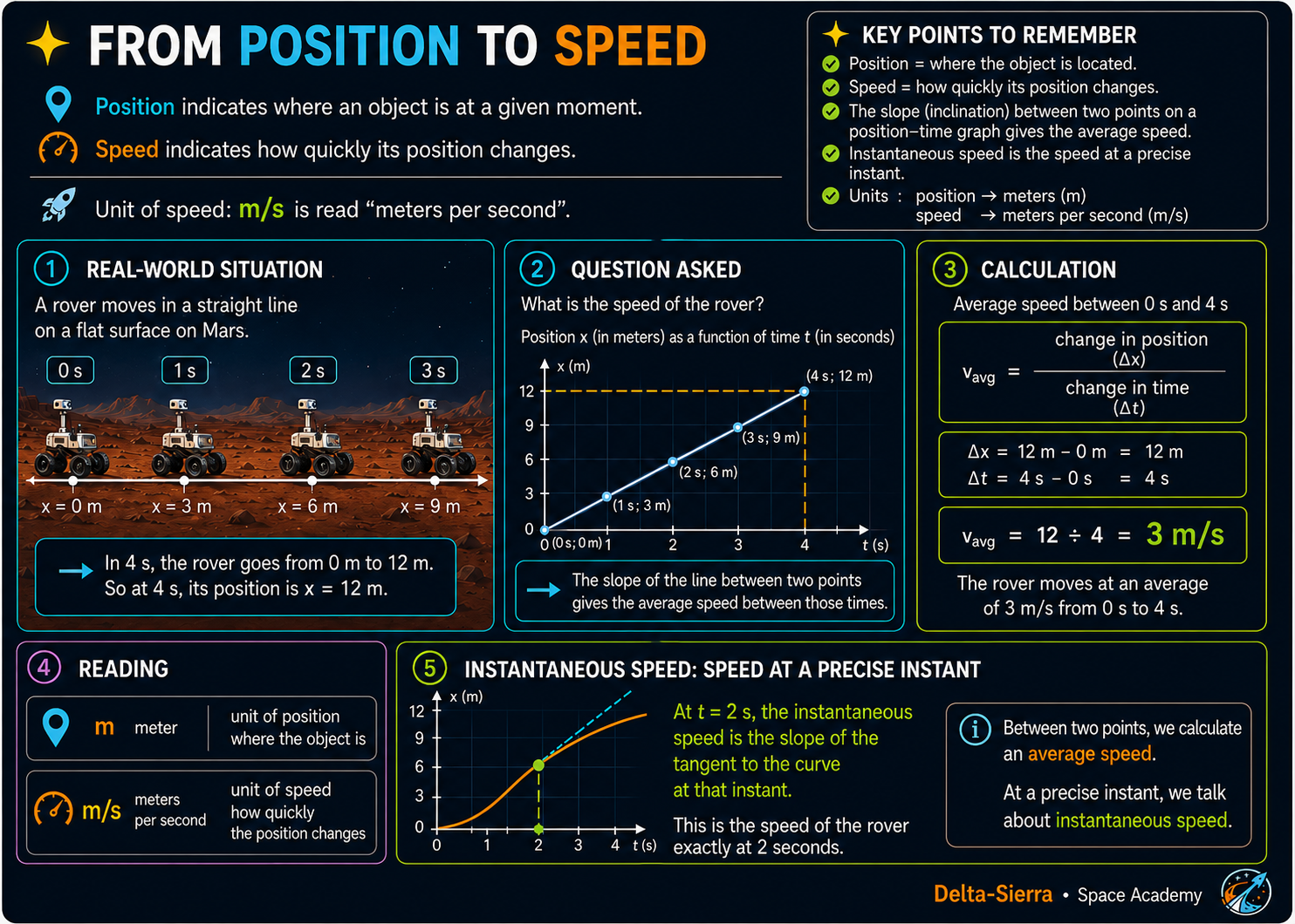 Technical illustration 035 for AM-02.02 — Speed, velocity, and acceleration: how fast, which direction, and how quickly does it change?