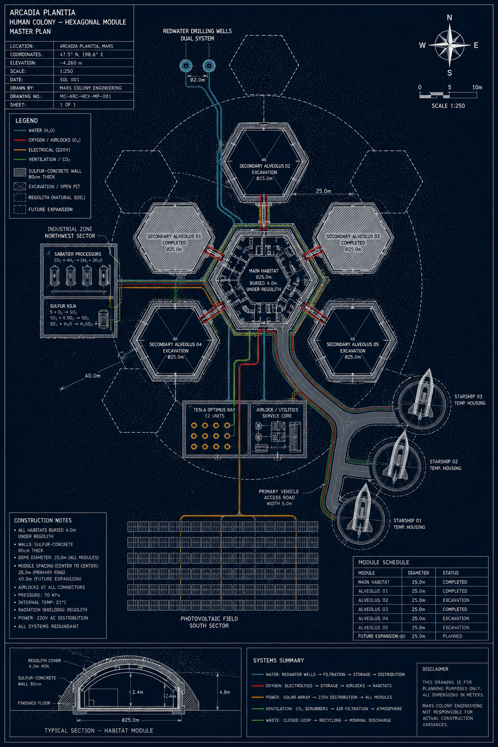 Technical illustration 176 for ECLSS architecture: connecting air, water, waste, thermal control and backup in a Mars habitat