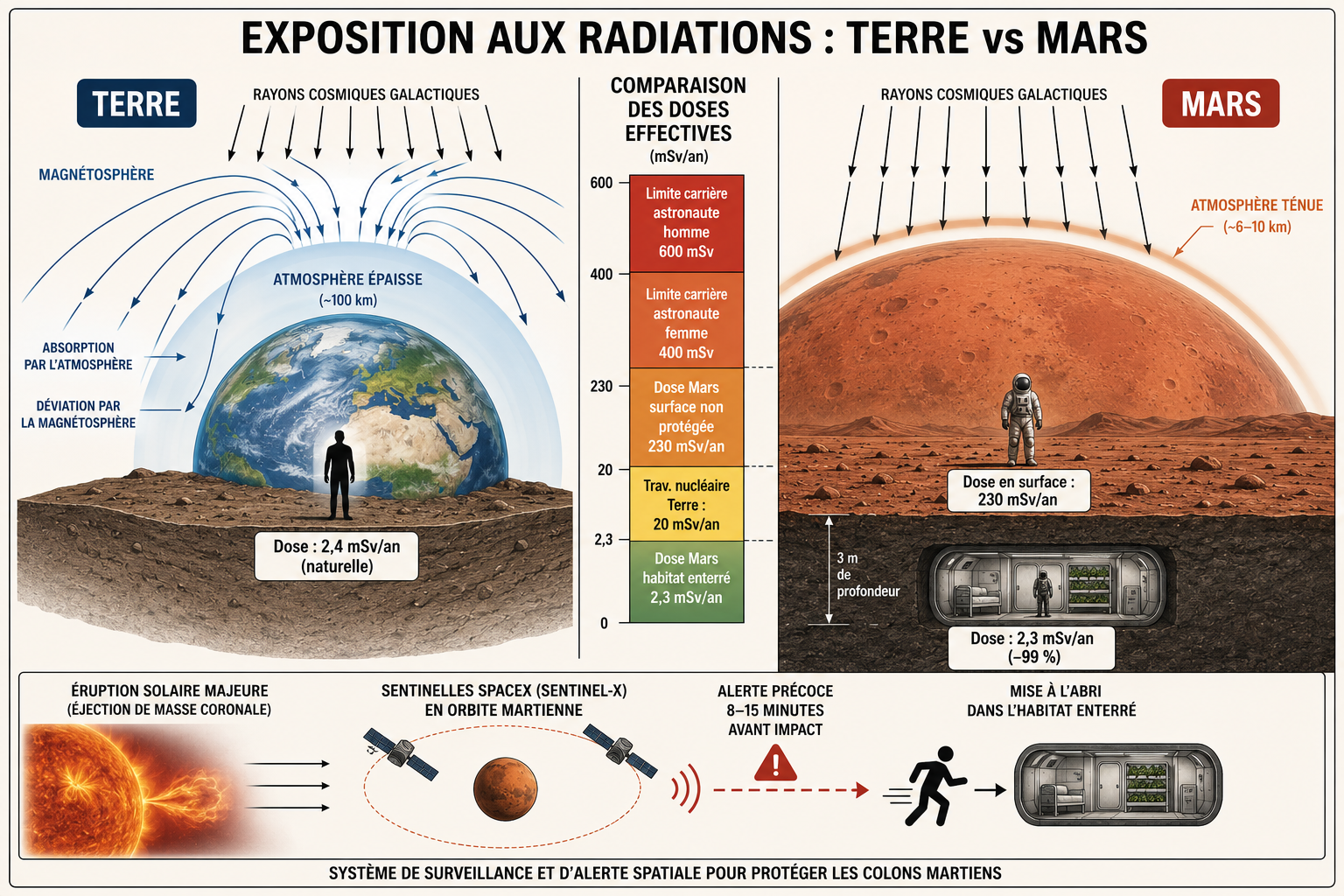 Exposition aux radiations Terre–Mars