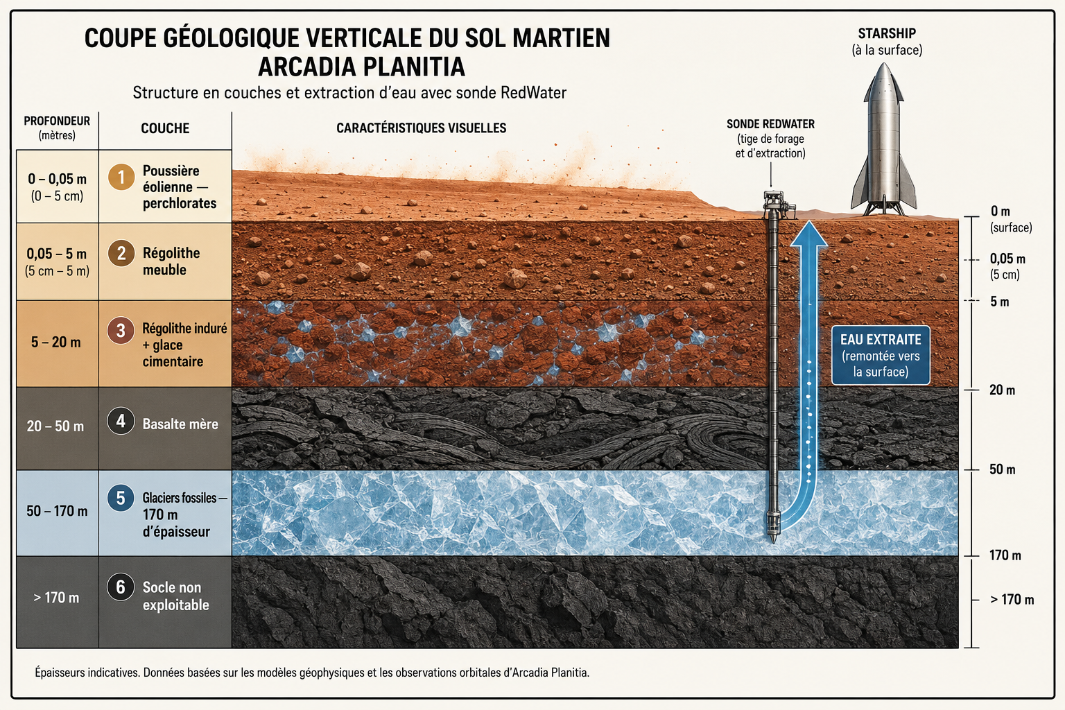 Coupe géologique du sol martien