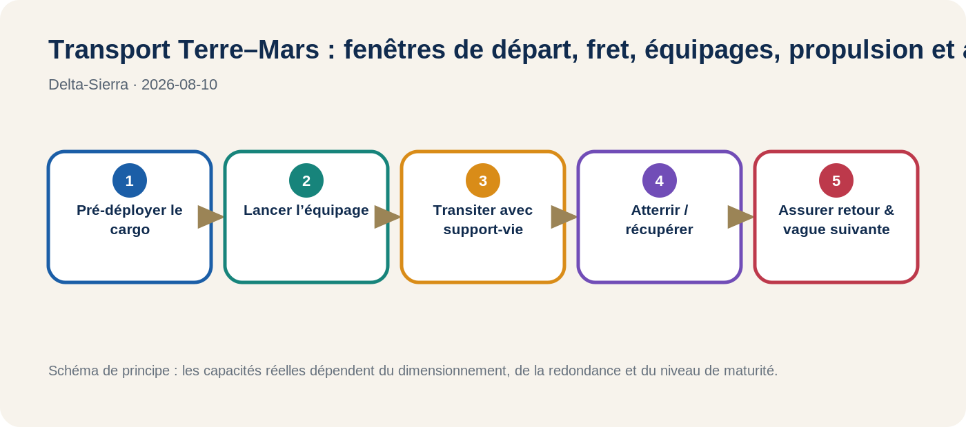 Transport Terre–Mars : fenêtres de départ, fret, équipages, propulsion et architecture de flotte — schéma fonctionnel