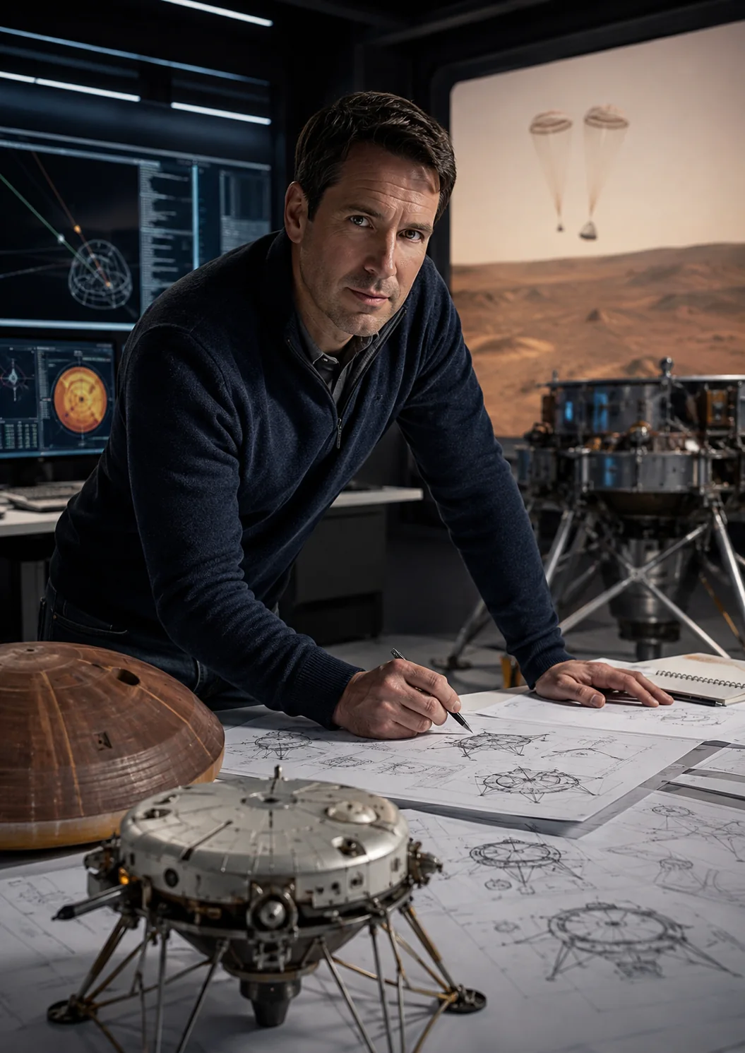Illustration conceptuelle d’un ingénieur travaillant sur un système d’atterrissage destiné à l’exploration planétaire