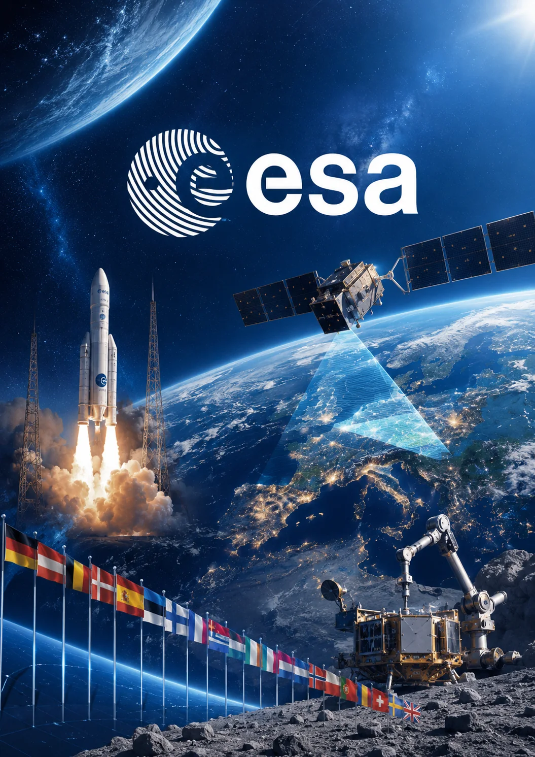 Illustration éditoriale de l’Agence spatiale européenne associant lanceur, satellite, Europe et exploration