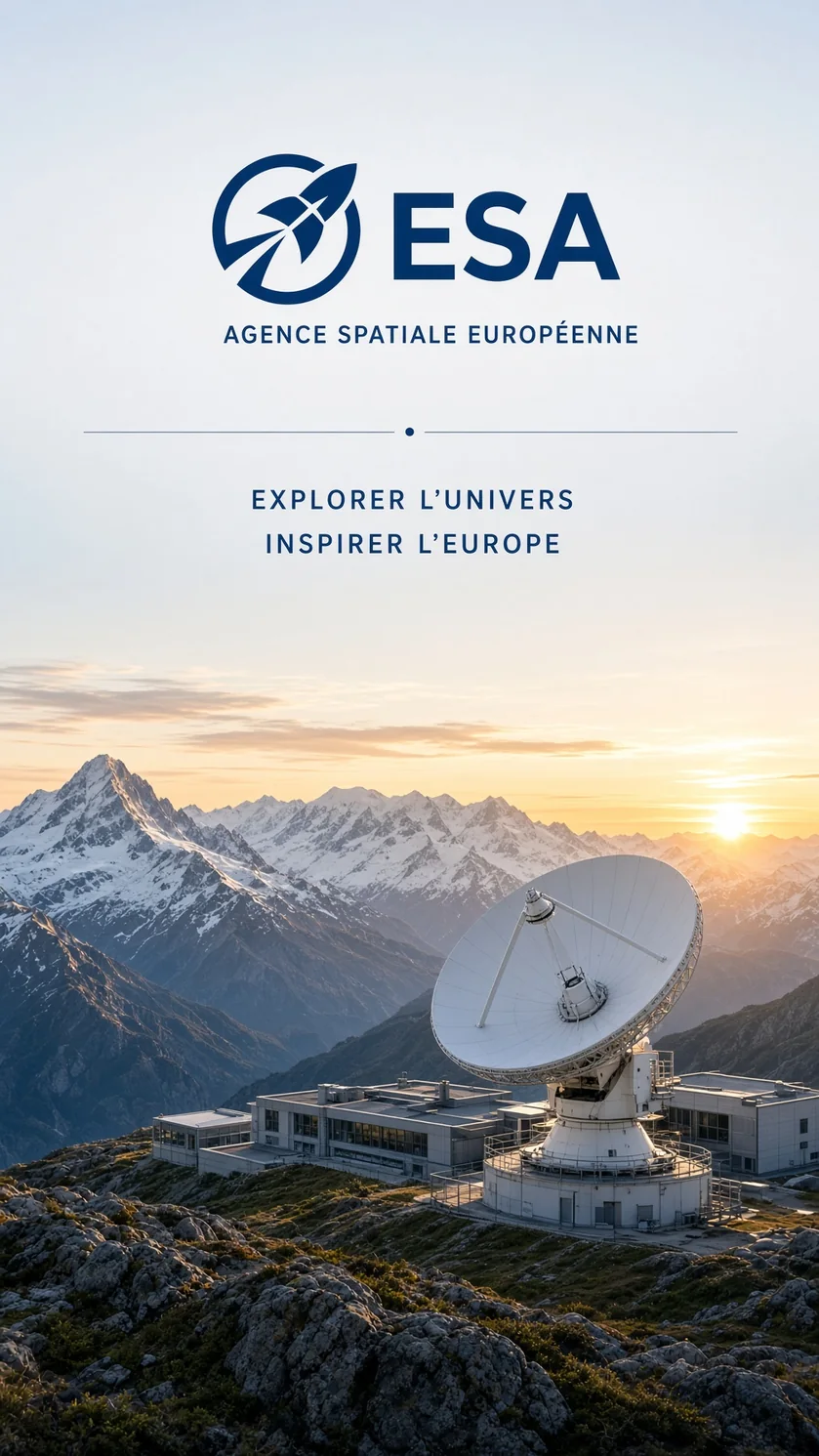 Illustration éditoriale d’une infrastructure européenne de communications spatiales et d’une antenne de poursuite