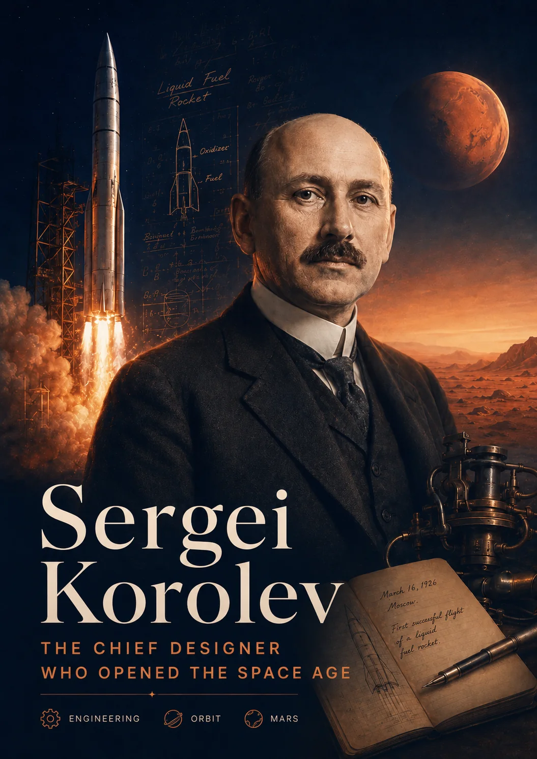 Editorial illustration of Sergei Korolev linking the Soviet chief designer, launch vehicles and Mars