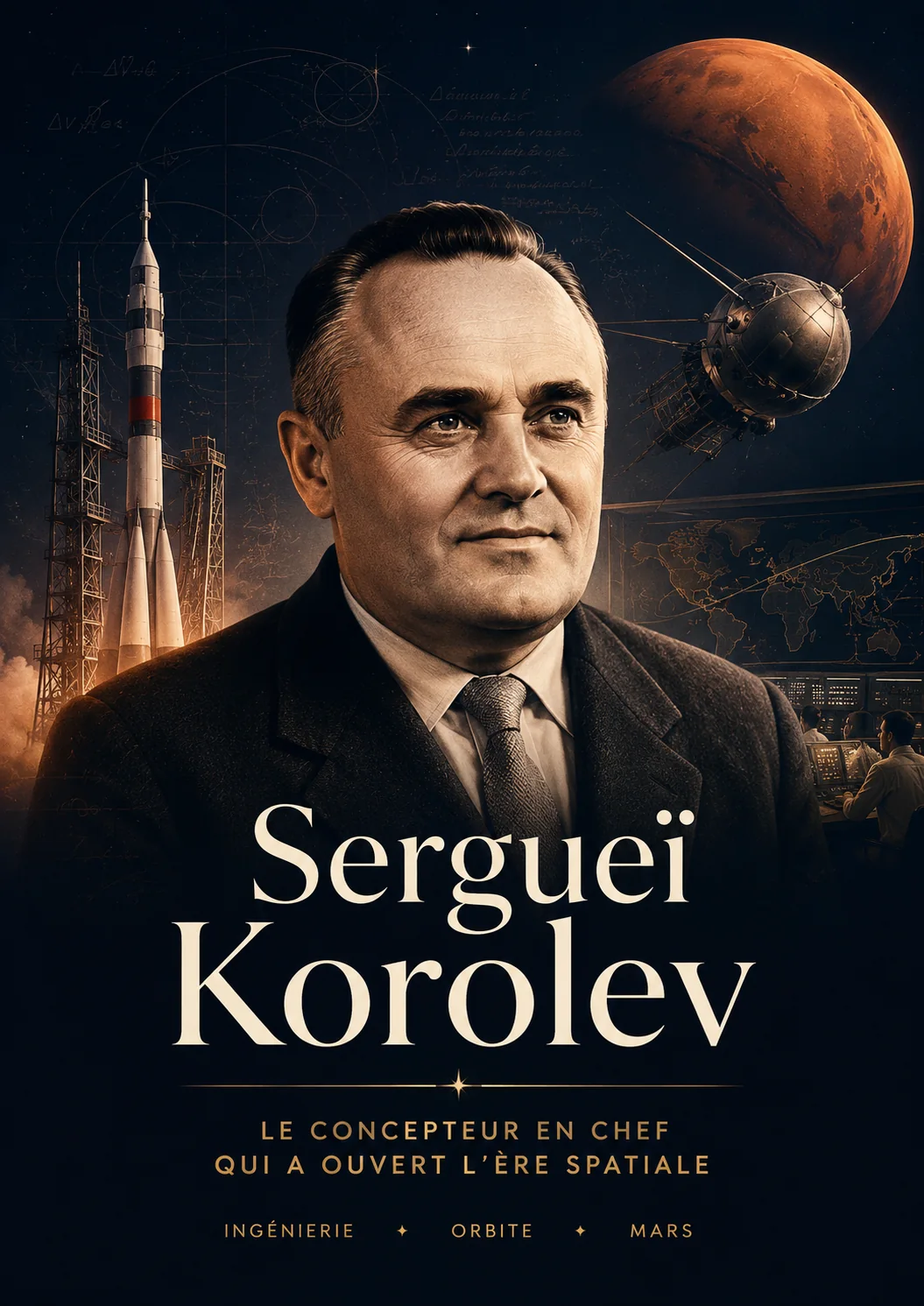 Illustration éditoriale de Sergueï Korolev associant le concepteur soviétique, les lanceurs et Mars
