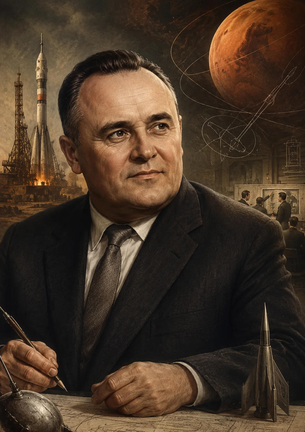 Reconstitution éditoriale de Sergueï Korolev devant des concepts de lanceurs et de trajectoires vers Mars