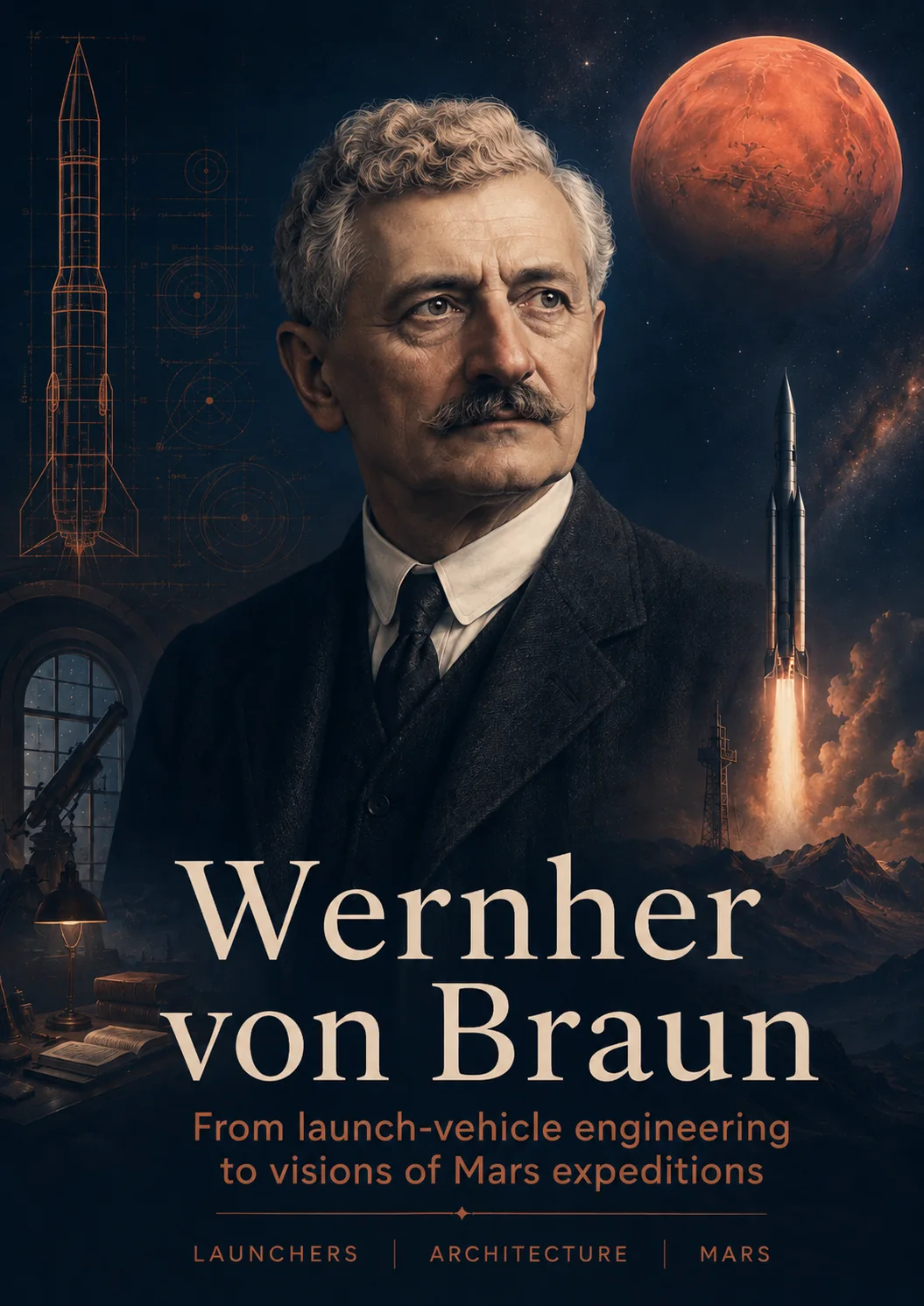 Editorial illustration of Wernher von Braun linking launch-vehicle engineering and Mars