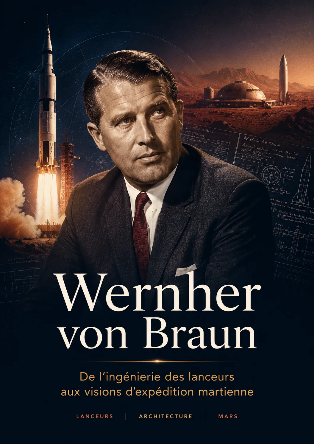 Illustration éditoriale de Wernher von Braun associant lanceurs, ingénierie et Mars