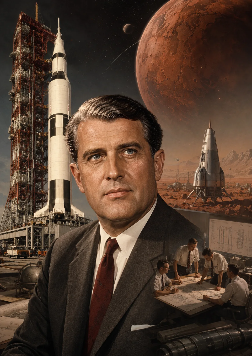 Reconstitution éditoriale de Wernher von Braun devant une architecture de lanceurs et une mission martienne conceptuelle