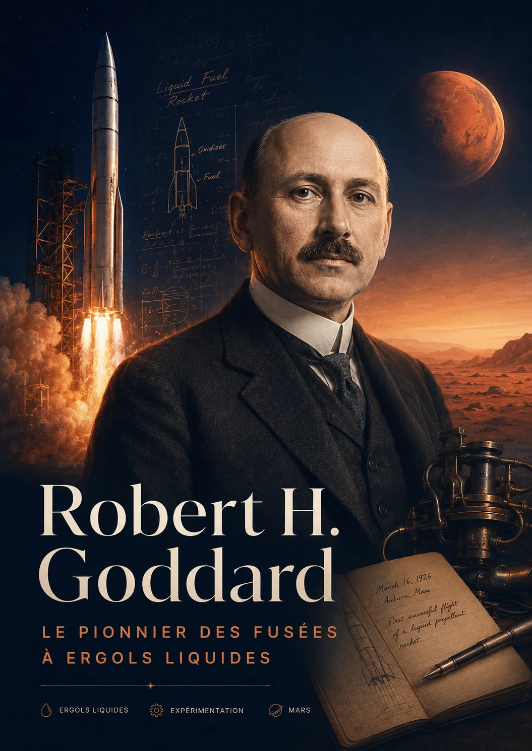 Robert Goddard dans son environnement de travail : reconstitution éditoriale consacrée aux essais de fusées à ergols liquides.