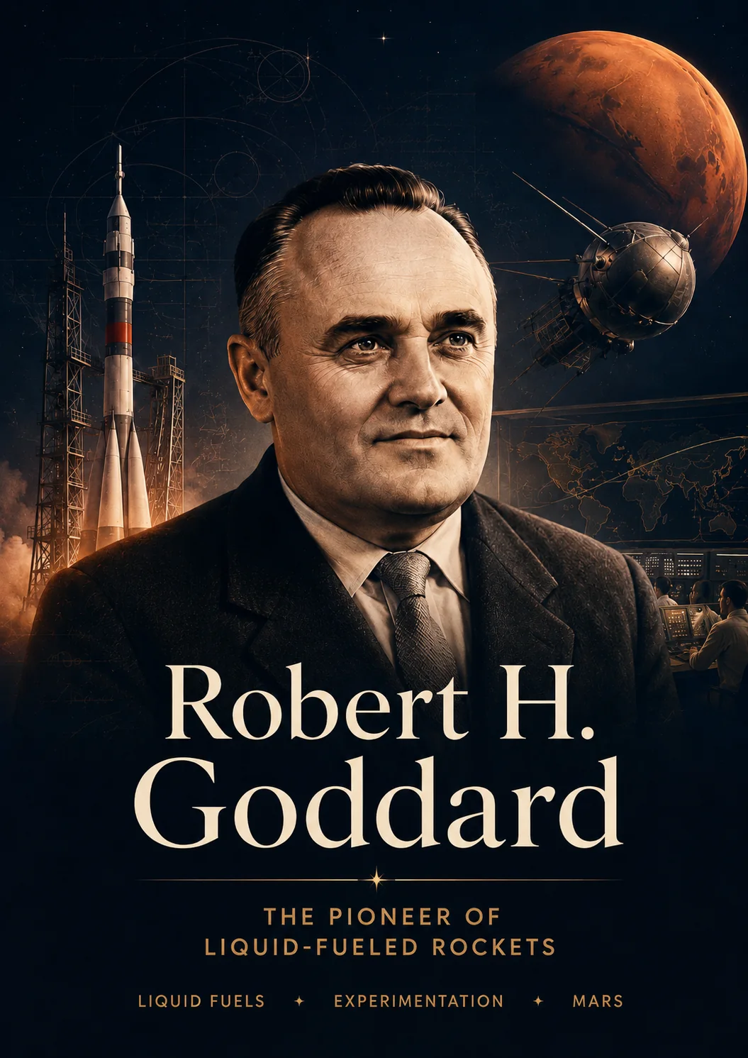 Robert Goddard et l’architecture d’une fusée expérimentale : illustration éditoriale.