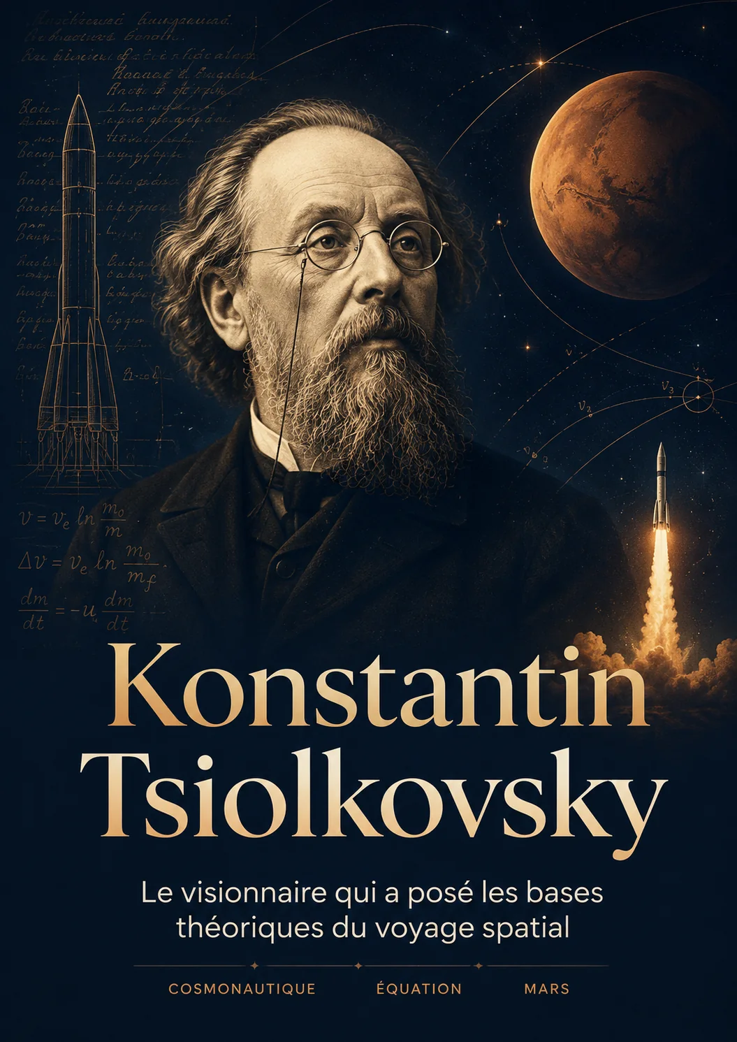 Konstantin Tsiolkovski entouré de représentations de fusées et d’habitats spatiaux : reconstitution éditoriale.