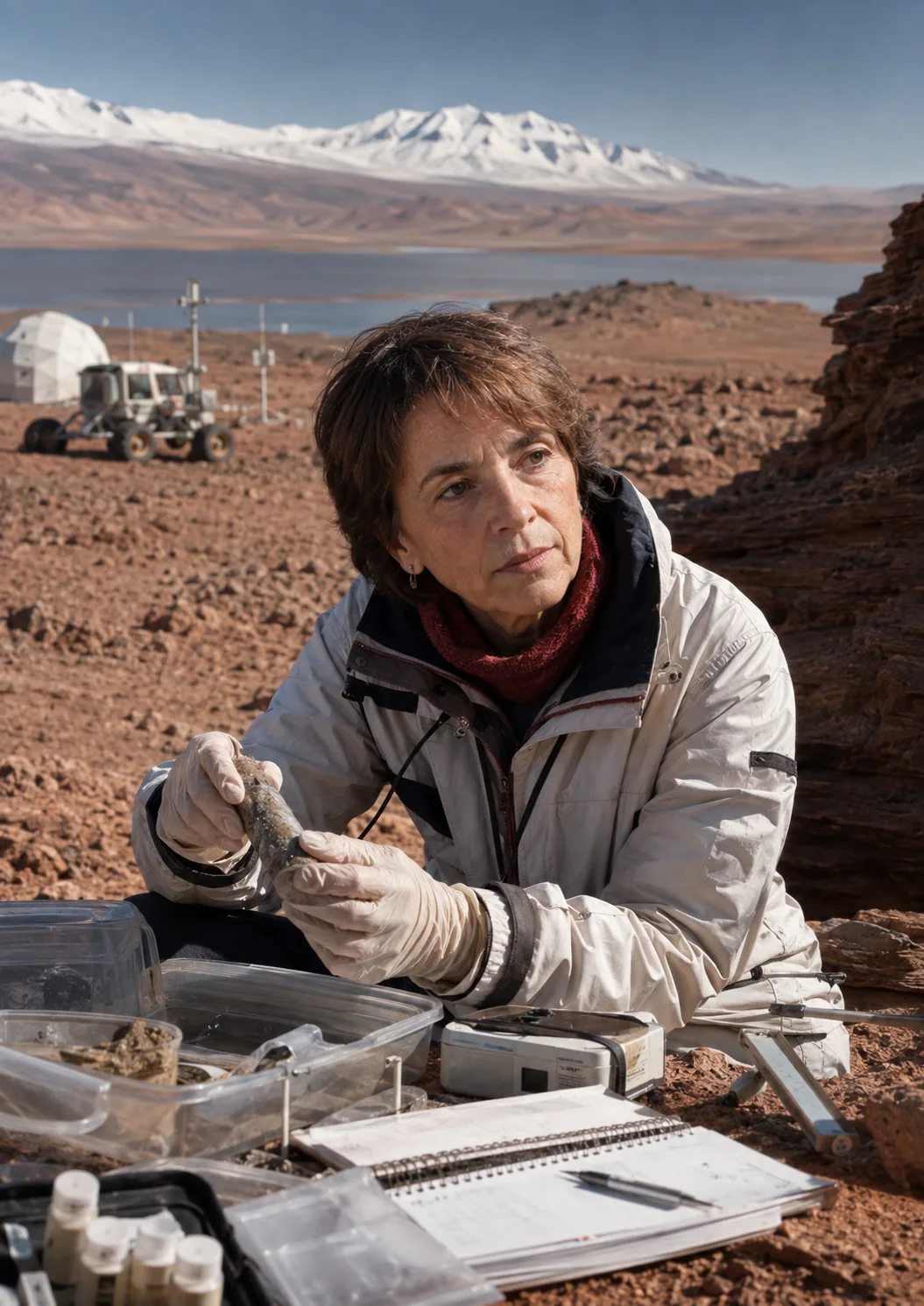 Illustration éditoriale conceptuelle d’une scientifique travaillant sur un site analogue martien de haute altitude ; ce n’est pas une photographie de Nathalie Cabrol.