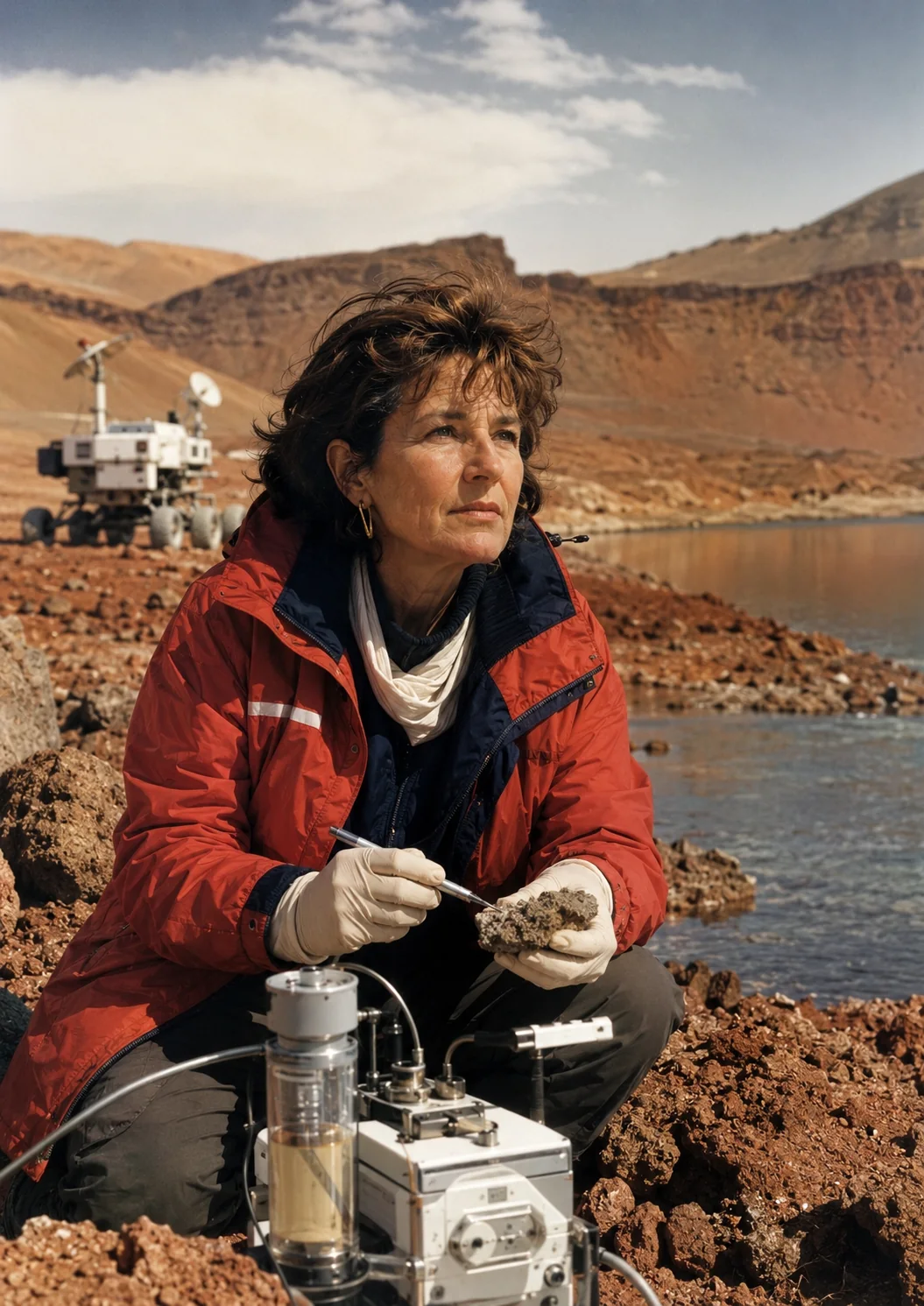Illustration éditoriale conceptuelle d’une astrobiologiste en terrain extrême ; ce n’est pas une photographie d’archive.