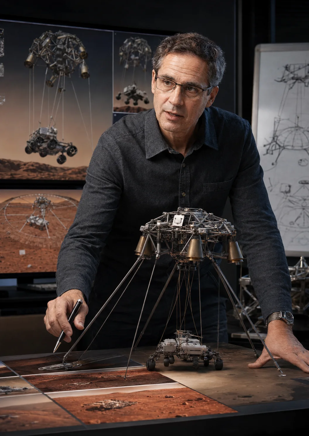 Illustration éditoriale conceptuelle d’un ingénieur travaillant sur un système d’atterrissage martien ; ce n’est pas une photographie d’Adam Steltzner.