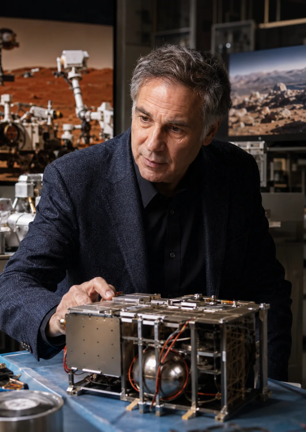 Illustration éditoriale conceptuelle d’un géologue analysant des roches et des données de rover martien ; ce n’est pas une photographie d’archive.