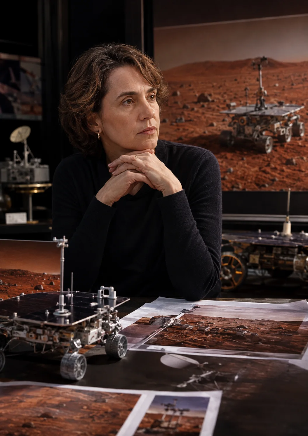 Illustration éditoriale conceptuelle d’une scientifique étudiant l’atmosphère martienne ; ce n’est pas une photographie de Bruce Jakosky.