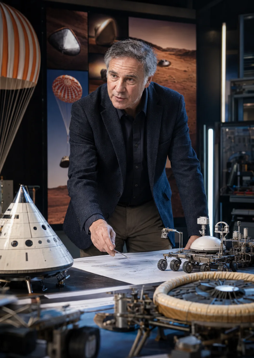 Illustration éditoriale conceptuelle d’un responsable scientifique étudiant des échantillons et données martiennes ; ce n’est pas une photographie de Michael Meyer.