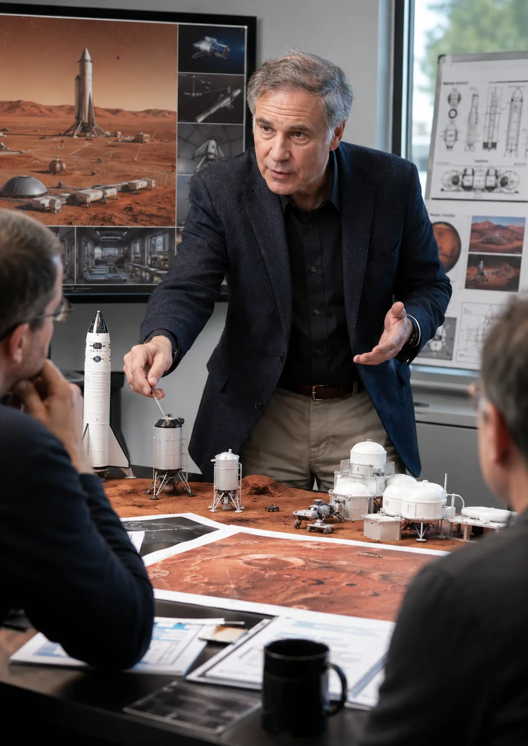 Illustration éditoriale conceptuelle d’un scientifique dirigeant une équipe de géologie robotique martienne ; ce n’est pas une photographie de Steve Squyres.