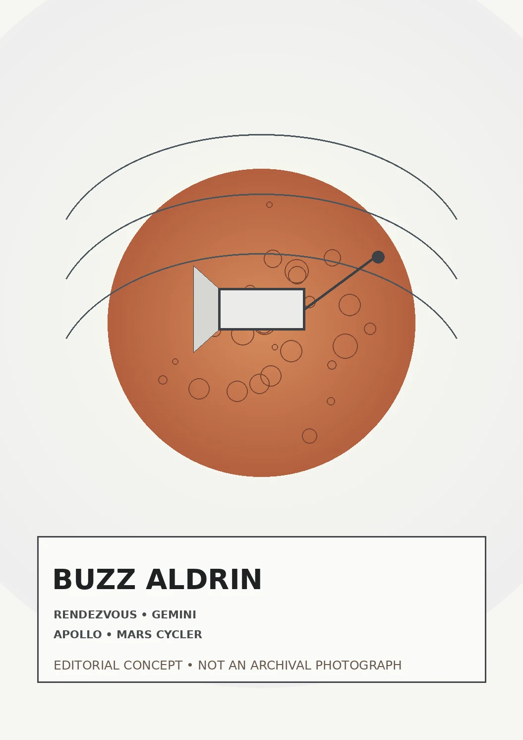 Illustration éditoriale conceptuelle consacrée à Buzz Aldrin et à son héritage pour l’exploration de Mars ; ce n’est pas une photographie d’archive de la personne.