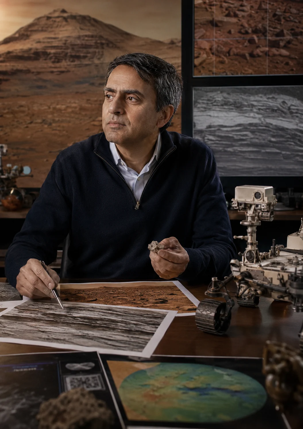 Ashwin Vasavada dans un environnement scientifique consacré à Curiosity et à la géologie de Gale.