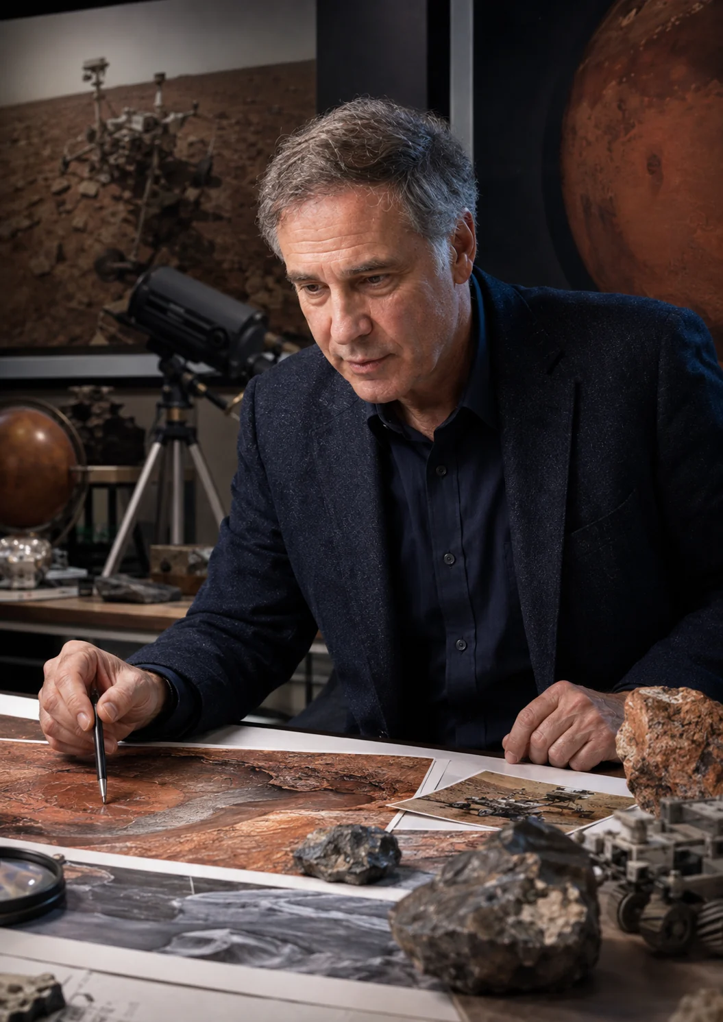 Steve Squyres dans un environnement scientifique associé aux rovers et à la géologie martienne.