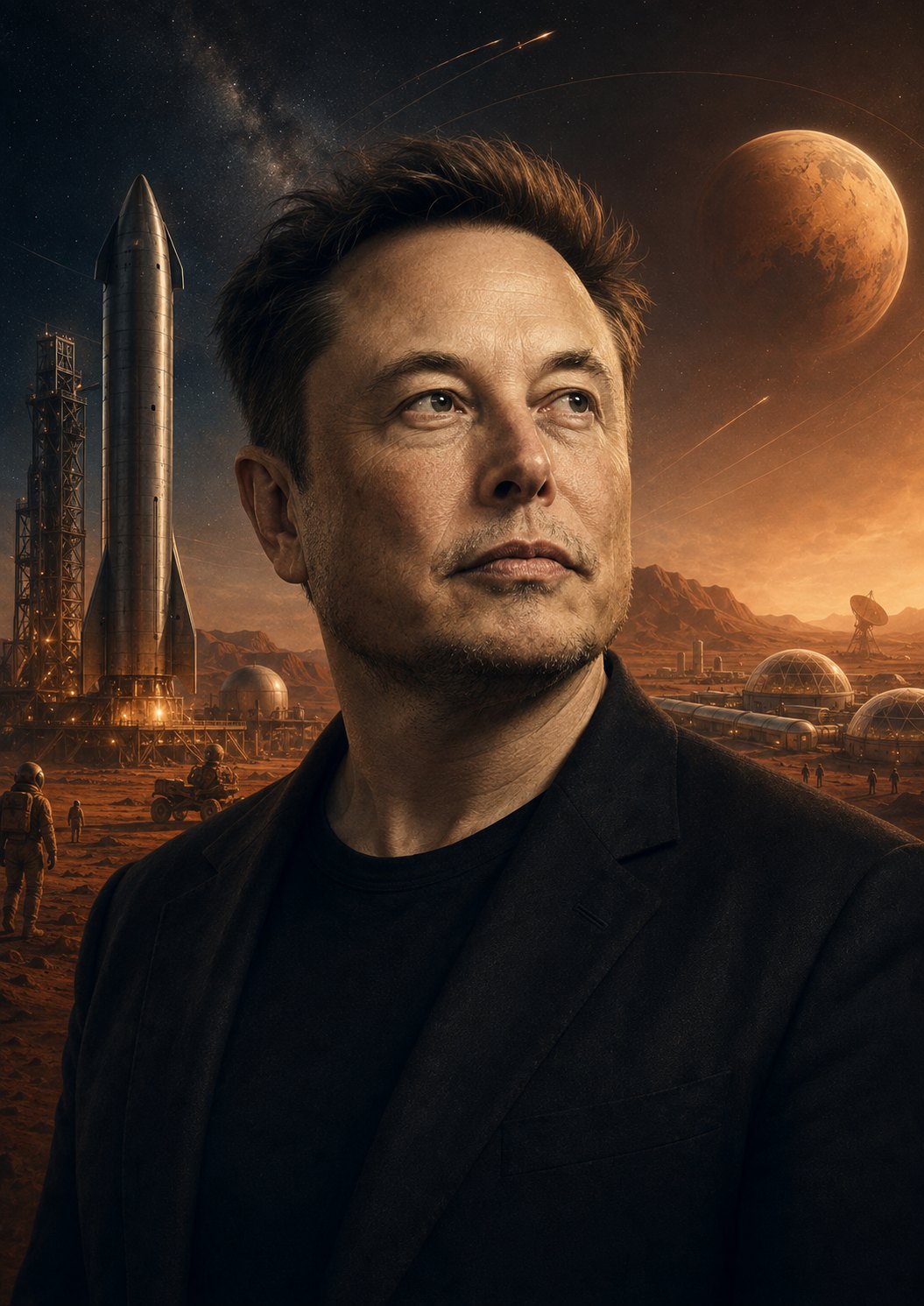 Illustration éditoriale d’Elon Musk devant une architecture de transport et d’implantation martienne