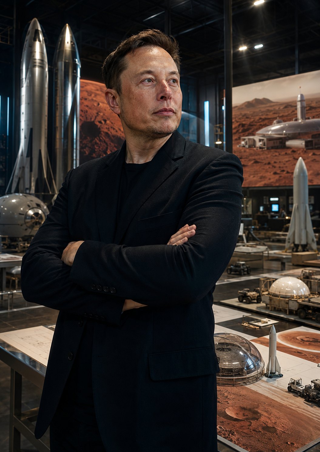 Illustration éditoriale d’Elon Musk dans un environnement industriel spatial avec véhicules et habitat martien