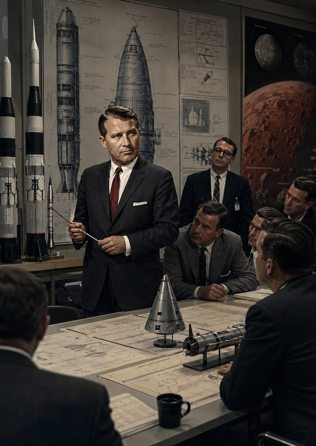 Reconstitution éditoriale de Wernher von Braun dans une salle d’étude de fusées et de missions martiennes