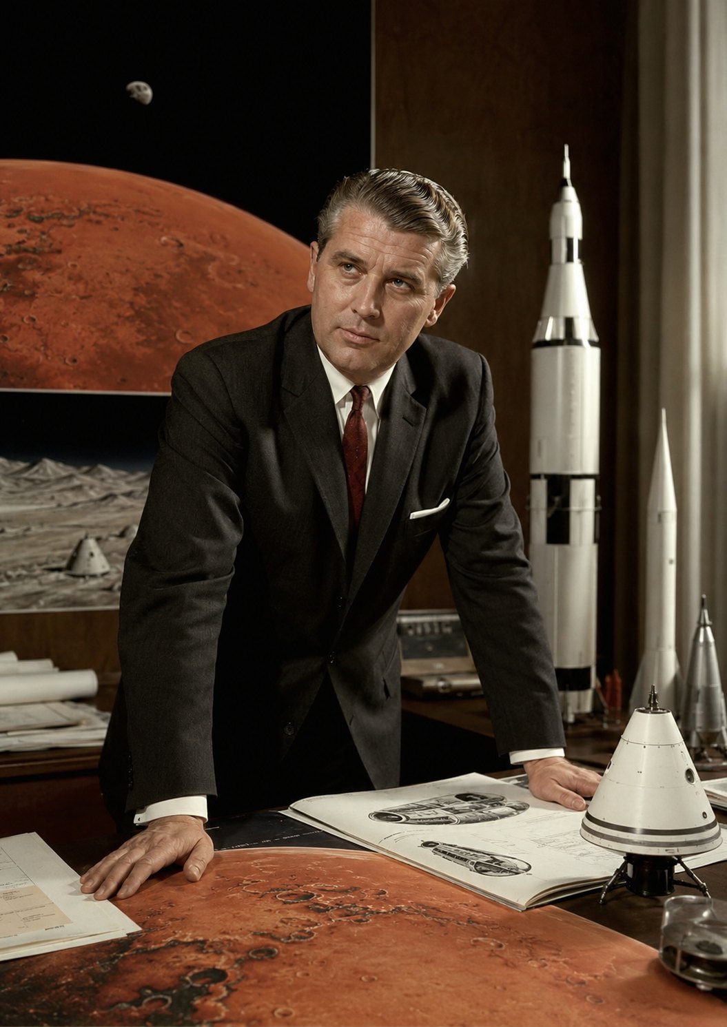 Reconstitution éditoriale de Wernher von Braun devant des plans de fusées et une représentation de Mars